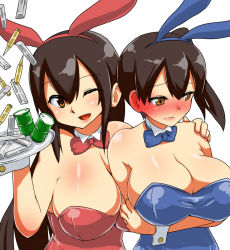 Rule 34 | 10s, 2 fuel 4 ammo 11 steel, 2girls, akagi (kancolle), alternate costume, animal ears, between breasts, black hair, bow, bowtie, breasts, brown eyes, bullet, rabbit ears, cleavage, drum (container), fake animal ears, huge breasts, kaga (kancolle), kantai collection, leotard, long hair, metal, multiple girls, oil can, open mouth, personification, playboy bunny, short hair, side ponytail, smile, strapless, tray, wrist cuffs, yamaneko ken