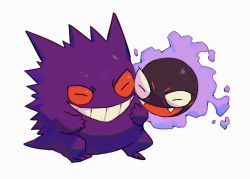 Rule 34 | :d, bluekomadori, commentary, creatures (company), cuddling, english commentary, closed eyes, fangs, game freak, gastly, gen 1 pokemon, gengar, grin, nintendo, no humans, open mouth, pokemon, pokemon (creature), smile, teeth