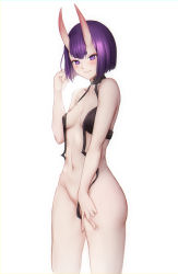 Rule 34 | 1girl, absurdres, bare shoulders, bob cut, breasts, collarbone, eyeliner, fate/grand order, fate (series), highres, horns, looking at viewer, makeup, navel, oni, purple eyes, purple hair, revealing clothes, selarz, short hair, shuten douji (fate), skin-covered horns, small breasts, smile, solo, thighs