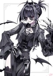 Rule 34 | 1girl, 402 (o0 xxx), absurdres, ahoge, black hair, blunt bangs, braid, clawed gauntlets, claws, commentary, cowboy shot, demon wings, detached wings, ear piercing, fangs, hand on own hip, hand up, highres, inset border, lace trim, layered sleeves, looking at viewer, low wings, mole, mole under mouth, open clothes, original, parted lips, piercing, red eyes, signature, single wing, solo, sunglasses, symbol-only commentary, tail, twin braids, wings