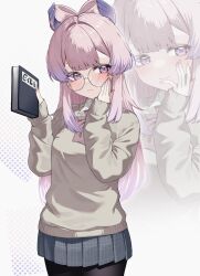 1girl :| bad_id bad_twitter_id bespectacled black_pantyhose blush book bow-shaped_hair brown_sweater closed_mouth commentary_request fingernails genshin_impact glasses grey-framed_eyewear grey_skirt hands_up highres holding holding_book long_hair long_sleeves looking_at_viewer pantyhose pink_hair pink_nails pinponpaaru pleated_skirt purple_eyes sangonomiya_kokomi skirt smile sweater very_long_hair zoom_layer