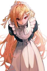 Rule 34 | 1girl, arms behind back, blonde hair, bow, grey background, highres, jingburger, long hair, looking at viewer, maid, maid headdress, open mouth, red eyes, ribbon, signature, simple background, solo, syu45, teeth, very long hair, virtual youtuber, waktaverse, white bow, yellow ribbon