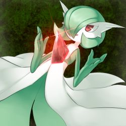 Rule 34 | 1girl, bob cut, colored skin, creatures (company), crystal, dutch angle, female focus, flat chest, game freak, gardevoir, gen 3 pokemon, glint, green background, green hair, green skin, hair over one eye, half-closed eyes, hands up, happy, lotosu, multicolored skin, nintendo, open mouth, pokemon, pokemon (creature), red eyes, short hair, simple background, smile, solo, standing, transparent, two-tone skin, white skin