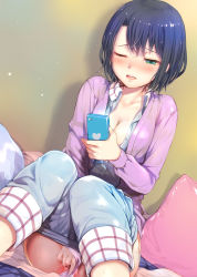 Rule 34 | 1girl, absurdres, adachi sakura, adachi to shimamura, aqua eyes, ass, blue hair, blue pajamas, blush, breasts, cardigan, cellphone, cleavage, clothes pull, clothing aside, collared shirt, commentary request, denim, dutch angle, female masturbation, fingering, foot out of frame, frown, hair between eyes, half-closed eye, highres, holding, holding phone, indoors, jeans, large breasts, masturbation, mikazuki akira!, multicolored hair, on bed, one eye closed, open clothes, open mouth, open shirt, pajamas, panties, panties aside, pants, pants pull, parted lips, partially visible vulva, phone, pillow, pink cardigan, pink panties, plaid, plaid collar, pulled by self, pussy juice, saliva, shadow, shirt, short hair, sitting, smartphone, solo, streaked hair, sweat, underwear