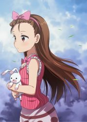 Rule 34 | 1girl, bad id, bad pixiv id, bow, brown eyes, brown hair, floating hair, frilled shirt, frills, from side, hair bow, hairband, hiiringu, holding, holding stuffed toy, idolmaster, idolmaster (classic), long hair, minase iori, pink bow, pink hairband, pink shirt, pink skirt, print skirt, shirt, skirt, sleeveless, sleeveless shirt, solo, standing, striped clothes, striped shirt, stuffed animal, stuffed toy, upper body, vertical-striped clothes, vertical-striped shirt, very long hair