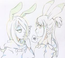 Rule 34 | 10s, 2girls, animal ears, covering own mouth, eyeshadow, hair over one eye, hand over own mouth, ichigo choco, image sample, kagari atsuko, little witch academia, long hair, makeup, multiple girls, rabbit ears, rabbit nose, simple background, sketch, smile, sucy manbavaran, sweatdrop