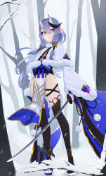 Rule 34 | 1girl, absurdres, black thighhighs, blue bow, bow, breasts, capelet, cleavage, eyeshadow, full body, fur-trimmed sleeves, fur trim, geta, grey hair, hair between eyes, hair tubes, highres, holding, holding sword, holding weapon, horns, japanese clothes, katana, kimono, long hair, long sleeves, looking at viewer, makeup, mole, mole under mouth, nijisanji, no panties, obi, oni, pelvic curtain, pointy ears, purple eyes, rindou mikoto, sash, skin-covered horns, sleeves past wrists, snow, solo, standing, super h2o, sword, tabi, thigh mole, thigh strap, thighhighs, tree, very long hair, virtual youtuber, weapon, white capelet, wide sleeves, winter