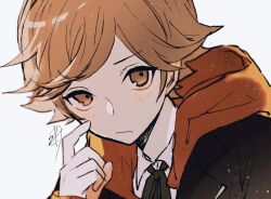 Rule 34 | 1boy, a d chi, amada ken, black jacket, black ribbon, blush, brown eyes, brown hair, close-up, closed mouth, collared shirt, commentary, hood, hood down, hoodie, jacket, looking at viewer, male focus, neck ribbon, orange hoodie, persona, persona 3, portrait, ribbon, scratching cheek, shirt, short hair, signature, simple background, solo, upper body, white shirt