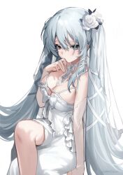 Rule 34 | 1girl, bad id, bad twitter id, blue hair, breasts, chungu, cleavage, crossed legs, dress, flower, grey eyes, hair flower, hair ornament, hand up, hatsune miku, highres, large breasts, long hair, looking at viewer, mole, mole under mouth, rose, simple background, sitting, solo, twintails, very long hair, vocaloid, white background, white dress, white flower, white rose
