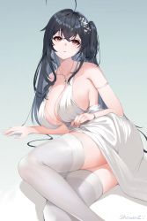 Rule 34 | 1girl, ahoge, armlet, azur lane, bare shoulders, black hair, bracelet, breasts, dress, earrings, feet out of frame, hair ornament, highres, jewelry, large breasts, long hair, lying, necklace, official alternate costume, on side, open mouth, plunging neckline, raised eyebrows, red eyes, showerz, side ponytail, solo, taihou (azur lane), taihou (temptation on the sea breeze) (azur lane), thighhighs, very long hair, white dress, white thighhighs, zettai ryouiki