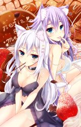 Rule 34 | 2girls, :p, :t, akine (kuroyuri), animal ears, babydoll, back-to-back, between legs, black panties, blue eyes, blush, breasts, brown eyes, candy, cat ears, cat tail, chocolate, chocolate heart, chocolate syrup, choker, cleavage, closed mouth, collarbone, food, frilled legwear, frills, fruit, garter straps, hair between eyes, hand between legs, heart, highres, long hair, looking at viewer, looking back, medium breasts, mouth hold, multiple girls, navel, original, own hands together, panties, pocky, purple hair, sitting, smile, sparkle, sprinkles, strawberry, tail, thighhighs, tongue, tongue out, underwear, v arms, very long hair, whipped cream, white hair