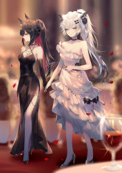 Rule 34 | 2girls, absurdres, alternate costume, animal ears, arknights, artist name, bare shoulders, black dress, black hair, blue eyes, breasts, commentary, commentary request, criss-cross halter, dress, full body, hair ornament, hairclip, halterneck, high heels, highres, lappland (arknights), long hair, medium breasts, multicolored hair, multiple girls, profile, red hair, sheya, signature, silver hair, texas (arknights), white dress, wolf ears