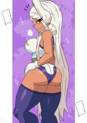 Rule 34 | 1girl, absurdres, ass, blush, boku no hero academia, breasts, breath, dark skin, from behind, fur collar, gloves, hand on own hip, highres, large breasts, leotard, long hair, looking at viewer, looking back, mirko, purple background, purple thighhighs, rabbit ears, red eyes, smile, sparkle, standing, thick thighs, thighhighs, thighs, tony welt, white gloves, white hair, white leotard, wide hips
