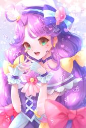 Rule 34 | 1girl, :d, air bubble, aoi itou, aqua eyes, blue bow, bow, brown eyes, bubble, choker, cure coral, dress, earrings, facial mark, fingerless gloves, gloves, hair bow, hat, hat bow, heart, heart facial mark, heart in eye, highres, jewelry, long hair, looking at viewer, magical girl, multicolored eyes, multiple hair bows, open mouth, parted bangs, pink bow, precure, purple dress, purple hair, purple neckwear, sailor hat, signature, smile, solo, striped, striped bow, suzumura sango, symbol in eye, tropical-rouge! precure, twintails, upper body, white gloves, white hat, yellow bow