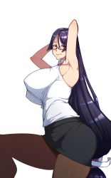 Rule 34 | 1girl, absurdly long hair, alternate costume, armpits, arms up, bare arms, bespectacled, black-framed eyewear, black skirt, blush, breasts, by spoon, closed mouth, collared shirt, eyebrows, facing away, fate/grand order, fate (series), glasses, hair between eyes, highres, large breasts, leg up, long hair, looking at viewer, low-tied long hair, minamoto no raikou (fate), miniskirt, pantyhose, pencil skirt, shirt, simple background, skirt, sleeveless, sleeveless shirt, smile, solo, straight hair, tight clothes, very long hair, white background, white shirt