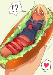Rule 34 | !?, 2girls, blonde hair, blue sailor collar, blush, breasts, commentary request, crying, crying with eyes open, female pov, foodification, hair between eyes, heart, hot dog, hot dog bun, imminent vore, ketchup, kojica (kojica45), large breasts, lettuce, long hair, lying, multiple girls, nail polish, neckerchief, no panties, objectification, on back, open mouth, original, pink nails, pleated skirt, pov, pov hand, pussy, pussy juice, red neckerchief, sailor collar, school uniform, serafuku, skirt, solo focus, speech bubble, spoken heart, spoken interrobang, tearing up, tears, transformation, translation request, trembling, yellow eyes, yuri