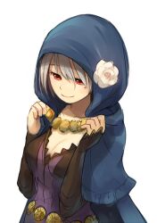 1girl alternate_costume alternate_hairstyle blue_hood breasts cleavage corrin_(female)_(fire_emblem) corrin_(fire_emblem) cosplay fire_emblem fire_emblem_fates flower hood hood_up medium_breasts niles_(fire_emblem) niles_(fire_emblem)_(cosplay) nintendo red_eyes solo tefutene white_flower