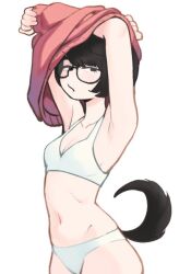 Rule 34 | 1girl, armpits, arms up, black-framed eyewear, black eyes, black hair, bra, breasts, cleavage, collarbone, colo (nagrolaz), commentary, cowboy shot, dog girl, dog tail, english commentary, glasses, groin, linea alba, long sleeves, looking at viewer, navel, original, panties, parted lips, red sweater, round eyewear, short hair, simple background, small breasts, solo, straight hair, sweater, swept bangs, tail, thick eyebrows, underwear, undressing, unworn sweater, white background, white bra, white panties, yoon (colo (nagrolaz))