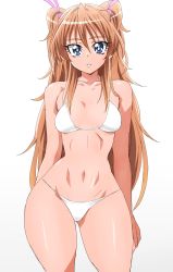 Rule 34 | 1girl, absurdres, bikini, blue eyes, breasts, brown hair, halterneck, highres, houjou hibiki, long hair, looking at viewer, narrow waist, oimanji, parted lips, precure, simple background, small breasts, solo, string bikini, suite precure, swimsuit, two side up, white background, white bikini, wide hips