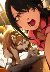 Rule 34 | 1boy, 1girl, :o, absurdres, animal, animal collar, bed, black hair, blush, braid, breasts, chainsaw man, character request, cleavage, collar, denji (chainsaw man), dog, highres, holding, holding phone, indoors, khyle., long hair, looking at viewer, lying, nayuta (chainsaw man), on side, open mouth, orange eyes, orange hair, phone, pink shirt, ponytail, shirt, small breasts, sunlight, teeth, tongue, watermark, web address, wooden floor