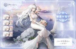Rule 34 | 1girl, arm up, azur lane, bouquet, breasts, character name, detached sleeves, dress, expressions, floating hair, flower, gem, gloves, grey hair, hand on own head, haori io, hermione (azur lane), hermione (dawn&#039;s oath) (azur lane), high heels, jewelry, large breasts, long hair, official alternate costume, official art, pink flower, promotional art, ring, rock, short sleeves, sitting, sitting on rock, twilight, wedding dress, wedding ring, white dress, white flower, white footwear, white gloves, yellow eyes