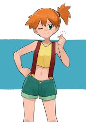 Rule 34 | 1girl, ;), closed mouth, commentary request, creatures (company), finger heart, game freak, green eyes, green shorts, hand on own hip, hand up, highres, matarou0625, misty (pokemon), navel, nintendo, one eye closed, orange hair, pokemon, pokemon (anime), pokemon (classic anime), shirt, short shorts, shorts, side ponytail, sleeveless, sleeveless shirt, smile, solo, suspenders, yellow shirt