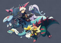 Rule 34 | 1girl, alternate costume, alternate eye color, alternate hair color, black footwear, black jacket, black thighhighs, clenched hands, closed mouth, commentary request, creatures (company), dracovish, dracozolt, dragapult, drampa, dreepy, eyelashes, flapple, game freak, gen 6 pokemon, gen 7 pokemon, gen 8 pokemon, gloria (pokemon), goodra, grey background, grey eyes, grey hair, highres, jacket, nintendo, pleated skirt, pokemon, pokemon (creature), pokemon swsh, shoes, short hair, skirt, smile, thighhighs, ukata