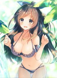 Rule 34 | 1girl, bare shoulders, bikini, bikini skirt, black bikini, blush, bow, breasts, brown eyes, brown hair, cleavage, commentary request, day, frilled bikini, frills, hair bow, heart, heart necklace, idolmaster, idolmaster shiny colors, jewelry, large breasts, long hair, looking at viewer, miyanome, multi-strapped bikini, navel, necklace, open mouth, outdoors, ponytail, see-through, smile, solo, swimsuit, tsukioka kogane, water