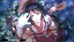 Rule 34 | 1girl, bar censor, black hair, blurry, blurry background, brown hat, brown scarf, censored, commission, field, flower, flower field, gloves, hakama, hand up, hat, highres, izumi (stardustalone), japanese clothes, long hair, official art, outdoors, parted lips, purple eyes, scarf, shadow, unworn hat, unworn headwear, white gloves, wind
