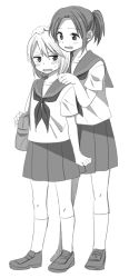 Rule 34 | 2girls, bag, blush, chin rest, full body, greyscale, hachiko (hati12), hand on another&#039;s head, hand on another&#039;s shoulder, head on head, kneehighs, loafers, looking at viewer, monochrome, multiple girls, original, pleated skirt, ponytail, sailor collar, school bag, school uniform, serafuku, shoes, short hair, short sleeves, simple background, skirt, socks, standing, sweatdrop, wavy mouth, white background, yuri