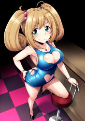 Rule 34 | 10s, 1girl, ahoge, aqua eyes, ass, ass cutout, backless dress, backless outfit, bangle, bar (place), bare shoulders, black panties, blush, bodycon, bracelet, breasts, brown hair, butt crack, cleavage, cleavage cutout, clothing cutout, collarbone, dress, earrings, female focus, hair between eyes, hair ornament, hand on own hip, heart, heart ahoge, heart cutout, heart necklace, high heels, highres, hip vent, hoop earrings, idolmaster, idolmaster cinderella girls, jewelry, large breasts, long hair, long twintails, looking at viewer, microdress, minidress, miniskirt, navel, necklace, nokoppa, panties, revealing clothes, sato shin, shoes, skin tight, skirt, smile, solo, standing, swept bangs, thighs, thong, twintails, underwear, whale tail (clothing)