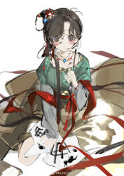 Rule 34 | 1girl, absurdres, black eyes, black hair, blush, calligraphy, calligraphy brush, chinese clothes, closed mouth, dirty, dirty face, dot mouth, facial mark, forehead mark, full body, green shirt, grey sleeves, hair bun, hanfu, highres, holding, holding brush, jewelry, jiu niangzi, kneeling, kumo22, layered sleeves, long sleeves, looking at viewer, necklace, paintbrush, paper, red shawl, reverse:1999, shawl, shirt, short over long sleeves, short sleeves, single side bun, sketch, skirt, solo, weibo logo, weibo watermark, white background, writing, yellow skirt
