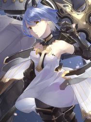 Rule 34 | + +, 1girl, armored boots, armpits, azur lane, bare shoulders, black gloves, black legwear, blue hair, boots, breasts, cross, cross (weapon), detached collar, dress, ebichiri sunday, gascogne (azur lane), gauntlets, gloves, headpiece, highres, lace-trimmed collar, lace trim, light blue hair, medium breasts, parted bangs, parted lips, petals, rigging, short hair, solo, symbol-shaped pupils, white dress, wind, yellow eyes