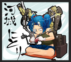 Rule 34 | 1girl, alternate costume, bad id, bad pixiv id, barefoot, blue eyes, blue hair, character name, contemporary, female focus, gloves, goggles, hair bobbles, hair ornament, kawashiro nitori, matching hair/eyes, sakurai energy, science, short hair, solo, touhou, twintails, two side up
