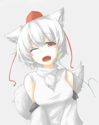 Rule 34 | 1girl, animal ears, appetizer (gray), bad id, bad pixiv id, bare shoulders, blush, breasts, detached sleeves, fang, fingerless gloves, gloves, hat, highres, inubashiri momiji, large breasts, looking at viewer, one eye closed, open mouth, pom pom (clothes), red eyes, shirt, short hair, silver hair, solo, tail, tokin hat, touhou, v arms, wink, wolf ears, wolf tail