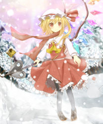 Rule 34 | 1girl, ascot, blonde hair, blush, bow, bunchou (bunchou3103), fang, female focus, flandre scarlet, hat, highres, mob cap, pantyhose, red eyes, ribbon, rumia, scarf, short hair, side ponytail, sign, silhouette, skirt, smile, snow, snowman, solo, touhou, white hat, wings