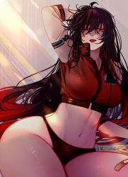 Rule 34 | 1girl, arm behind head, black hair, black panties, breasts, commentary request, crop top, cropped jacket, curvy, fate/grand order, fate (series), hair between eyes, hair over eyes, hand up, large breasts, lipstick, long hair, makeup, march ab, messy hair, navel, oda nobunaga (fate), oda nobunaga (fate), oda nobunaga (koha-ace), oda nobunaga (maou avenger) (fate), open mouth, panties, red eyes, red hair, sitting, solo, sunlight, thigh strap, tongue, tongue out, underwear, wide hips