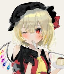 Rule 34 | 1girl, alternate costume, alternate headwear, ascot, bare shoulders, black hat, blonde hair, blush, flandre scarlet, food, fork, hat, highres, holding, holding fork, holding plate, looking at viewer, medium hair, mob cap, multicolored wings, name connection, nano (nazuna0512), object namesake, one eye closed, plate, pudding, red eyes, red vest, simple background, solo, touhou, upper body, vest, wings, yellow ascot