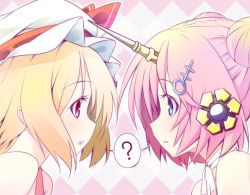 Rule 34 | 2girls, ?, argyle, argyle background, argyle clothes, blonde hair, blue eyes, bow, commentary request, crossover, double bun, eye contact, fang, fate/grand order, fate (series), flandre scarlet, frankenstein&#039;s monster (fate), from side, hair bun, hair ornament, hat, hat bow, looking at another, mob cap, multiple girls, name connection, nirap, open mouth, pink eyes, pink hair, portrait, profile, red bow, short hair, spoken question mark, touhou, white hat