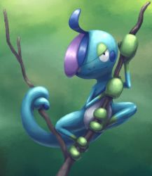 Rule 34 | branch, closed mouth, commentary request, creatures (company), drizzile, full body, game freak, gen 8 pokemon, green background, holding, looking at viewer, mijinko (barabadge), nintendo, no humans, pokemon, pokemon (creature), smile, solo, tail, tail wrap
