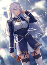 Rule 34 | 1girl, 86 -eightysix-, ahoge, backlighting, blue jacket, blue skirt, breasts, cloud, cloudy sky, commentary request, goribote, grey eyes, hair between eyes, hat, jacket, light rays, long hair, medium breasts, military, military hat, military uniform, outdoors, shirt, silver hair, sitting, skirt, sky, solo, thighhighs, uniform, vladilena millize, white shirt, white thighhighs