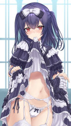 Rule 34 | 1girl, blue hair, blush, bow, breasts, clothes in mouth, clothes lift, dress, dress in mouth, dress lift, frills, garter belt, hair bow, idolmaster, idolmaster shiny colors, long sleeves, looking at viewer, medium hair, morino rinze, navel, panties, panties over garter belt, red eyes, sengoku aky, small breasts, solo, thighhighs, thighs, two side up, underwear, white panties, white thighhighs