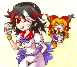 Rule 34 | 2girls, alcohol, arm behind back, arrow (symbol), bangle, beer, beer can, black hair, bow, bracelet, can, chain, chibi, dress, drink can, fang, hair bow, highres, horn ornament, horn ribbon, horns, ibuki suika, jewelry, kijin seija, kiki fushigi, long hair, multicolored hair, multiple girls, one eye closed, open mouth, orange hair, product placement, red eyes, red hair, ribbon, short hair, short sleeves, smile, tongue, tongue out, touhou, white hair