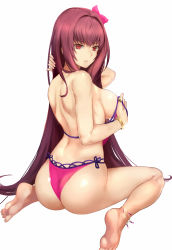 Rule 34 | 1girl, adjusting hair, ass, back, breasts, fate/grand order, fate (series), from behind, hair ornament, jilllxlxl, long hair, looking back, medium breasts, purple hair, red eyes, scathach (fate), scathach (fate), scathach (swimsuit assassin) (fate), sideboob, simple background, sitting, solo, swimsuit, weapon, white background