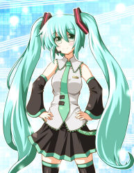 Rule 34 | 1girl, aqua hair, blush, detached sleeves, green eyes, hands on own hips, hatsune miku, headset, long hair, necktie, ominaeshi, ominaeshi (takenoko), skirt, smile, solo, thighhighs, twintails, very long hair, vocaloid