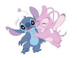 Rule 34 | 1boy, 1girl, angel (lilo &amp; stitch), antennae, artist name, black sclera, blue fur, closed eyes, colored sclera, full body, grey background, harara mk2, heart, heart-shaped pupils, highres, kiss, kissing cheek, lilo &amp; stitch, open mouth, pink fur, signature, simple background, stitch (lilo &amp; stitch), symbol-shaped pupils