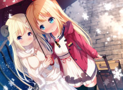 Rule 34 | 2girls, akai haato, akai haato (casual), black legwear, blonde hair, blue eyes, blurry, blurry background, blush, bow, bowtie, breasts, brown jacket, chinomaron, closed mouth, commentary request, curled horns, depth of field, dress, fur trim, hair ornament, hairclip, highres, holding, holding umbrella, hololive, hood, hood down, hooded jacket, horns, jacket, long hair, multiple girls, open clothes, open jacket, parted lips, purple eyes, red jacket, red neckwear, rolling suitcase, shared umbrella, sheep horns, small breasts, smile, snowflakes, standing, suitcase, thighhighs, tsunomaki watame, tsunomaki watame (1st costume), umbrella, very long hair, virtual youtuber, white dress