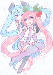 Rule 34 | 2girls, aqua eyes, aqua hair, bare shoulders, black legwear, black skirt, black sleeves, cherry, cherry hair ornament, commentary, detached sleeves, dual persona, food, food-themed hair ornament, fruit, full body, grin, hair ornament, hands on another&#039;s shoulders, hatsune miku, heart, hekopon, highres, leaf, leaning forward, long hair, looking at another, multiple girls, necktie, one eye closed, open mouth, pink eyes, pink hair, pink legwear, pink skirt, pink sleeves, sakura miku, shirt, sitting, skirt, sleeveless, sleeveless shirt, smile, snowflakes, standing, thighhighs, twintails, twitter username, very long hair, vocaloid