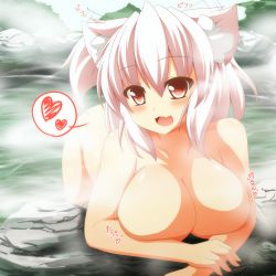 Rule 34 | 1girl, :d, animal ears, bad id, bad pixiv id, blush, breast rest, breasts, ear wiggle, fang, hajime (ak-r), heart, highres, inubashiri momiji, large breasts, looking at viewer, nude, onsen, open mouth, red eyes, short hair, smile, solo, spoken heart, tail, touhou, white hair, wolf ears, wolf tail