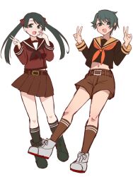 Rule 34 | 2girls, black footwear, black hair, black neckerchief, black socks, boots, brown sailor collar, brown serafuku, brown shirt, brown skirt, brown socks, cross-laced footwear, double v, full body, green eyes, grey eyes, kantai collection, lace-up boots, long hair, mikuma (kancolle), mogami (kancolle), mogami kai ni (kancolle), multiple girls, neckerchief, orange neckerchief, orange sailor collar, pleated skirt, sailor collar, sailor shirt, school uniform, serafuku, shirt, simple background, skirt, socks, twintails, udukikosuke, v, white background